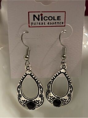 Nicole Silver Teardrop Earrings with Black Accent Stone